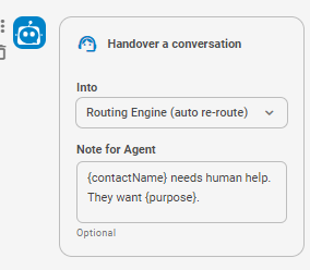 Emplacements utilisés comme variables dans le champ Note pour l’agent de l’action Transférer la réponse du robot.