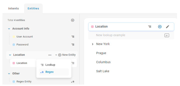 Capture d’écran montrant l’entrée d’une nouvelle entité regex