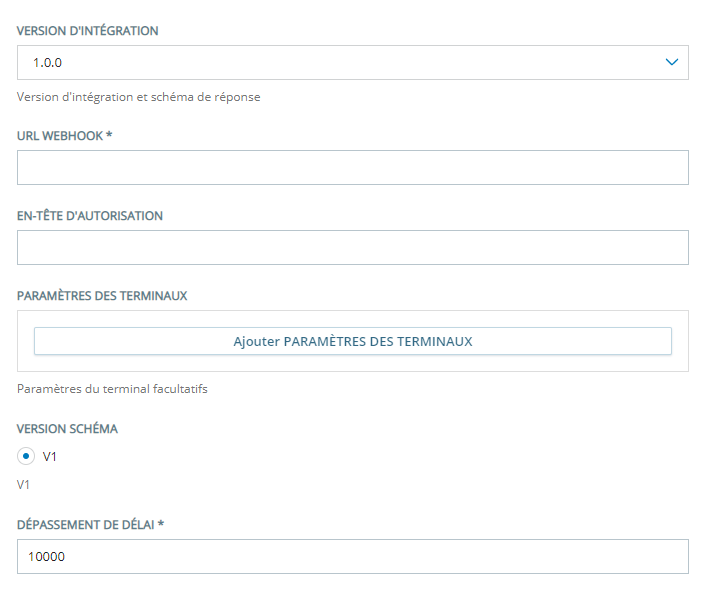 La page de configuration pour la version d’intégration 1.0.0 de Concentrateur d’agents virtuels.