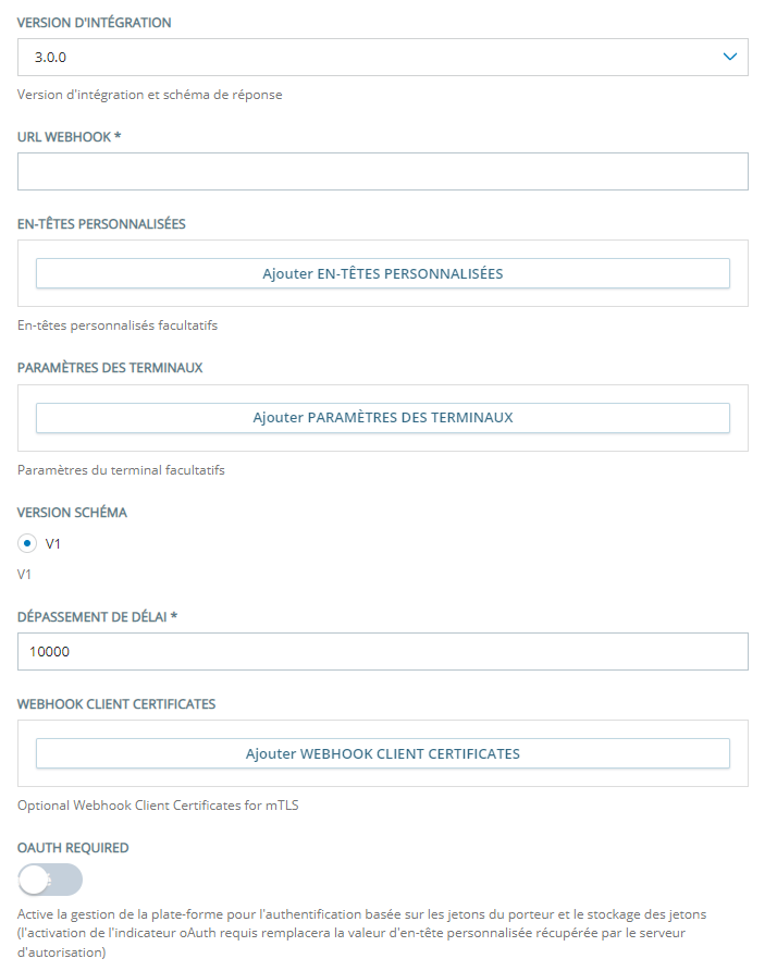 La page de configuration pour l’ajout d’un bot personnalisé utilisant des terminaux d’échange personnalisés avec la version d’intégration 2.0.0.