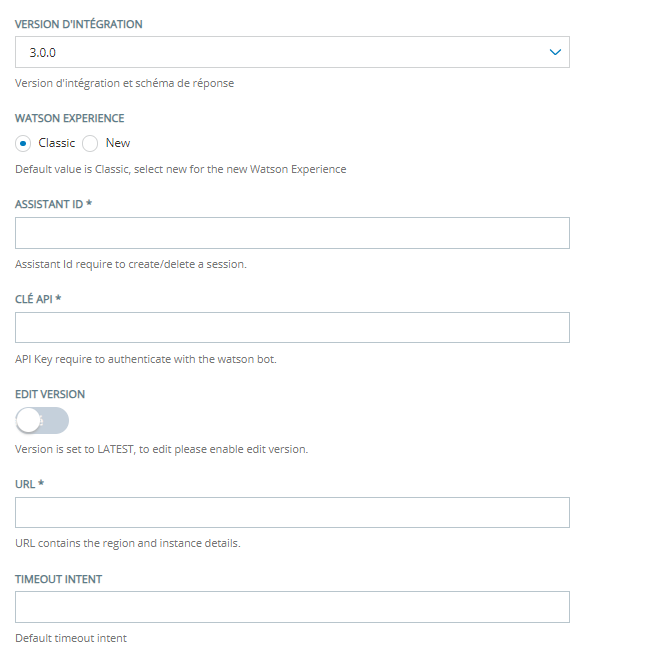 La page de configuration pour l’intégration d’un agent virtuel IBM Watson textuel.