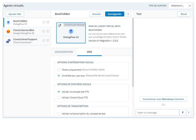 La page de propriétés d’un robot logiciel dans Concentrateur d’agents virtuels CXone affichant le volet Test sur le côté droit de la page.