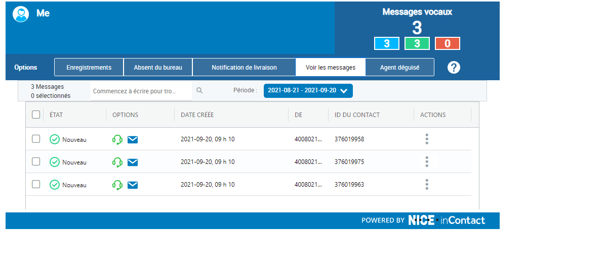 L’onglet Visualiser les messages, à partir duquel vous pouvez transférer un message vocal vers l’adresse courriel d’une autre personne.