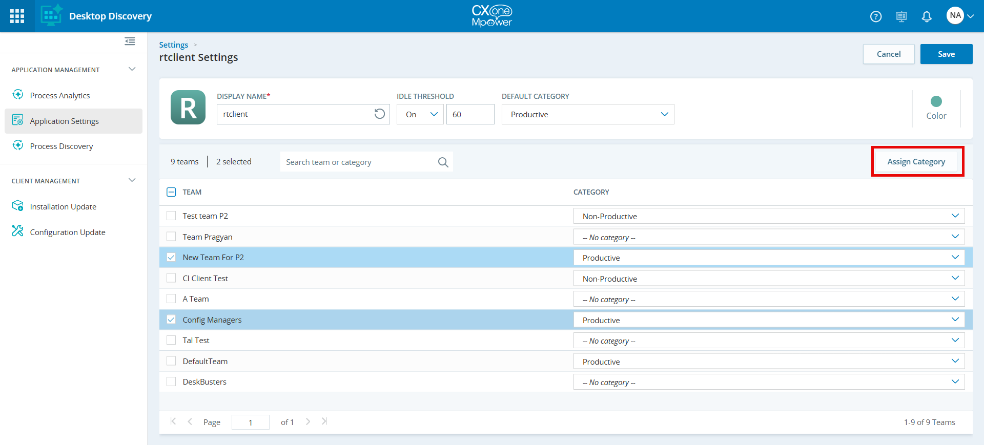 Image de la page Applications avec le bouton Affecter une catégorie activé.