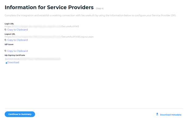 Page d’Informations pour les fournisseurs de services avec une liste d’URL et un certificat de signature que vous pouvez copier sur le côté gauche de la page.