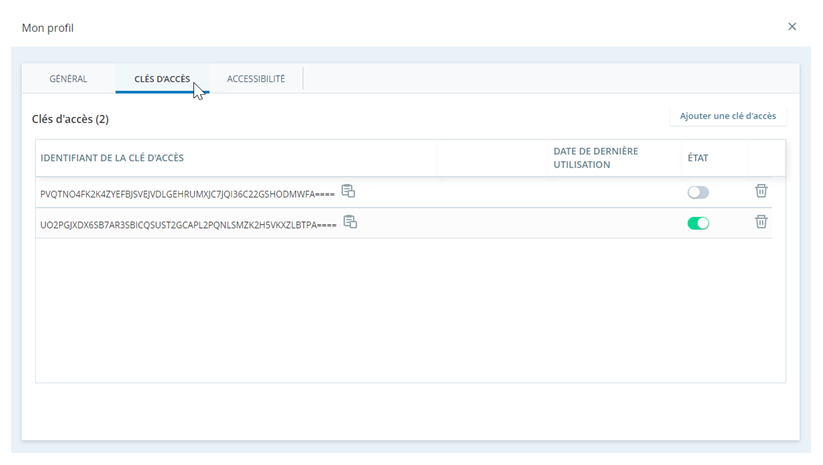 Image de l'onglet Clés d'accès dans Mon profil