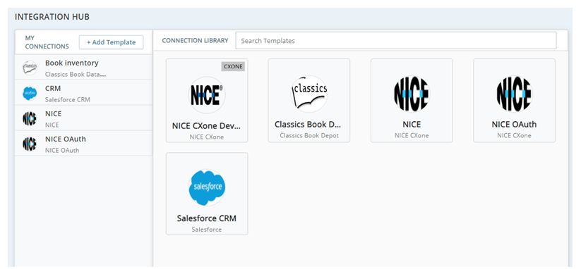 Integration Hub, affichant la liste Mes connexions sur la gauche et la bibliothèque de connexions sur la droite.
