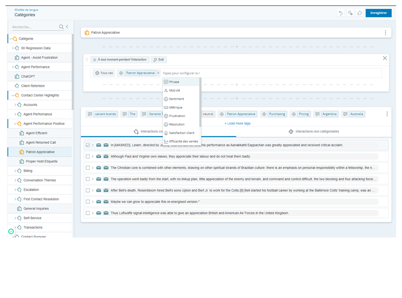 Page de catégories du modèle de langage. Catégorie « Appréciation des mécènes » sélectionnée. Affiche les résultats des interactions correspondantes et les détails des règles de catégorie. Affiche l'arborescence des catégories, les boutons Annuler, Rééchantillonner, Recategoriser et Enregistrer.