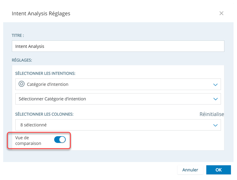 Fenêtre Paramètres du gadget logiciel Analyse d’intention. La vue de comparaison est activée et mise en évidence.