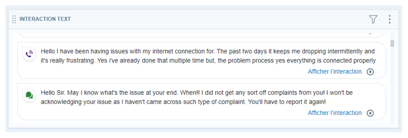 Gadget logiciel Texte d’interaction montrant les deux premières phrases de deux transcriptions d’interactions.