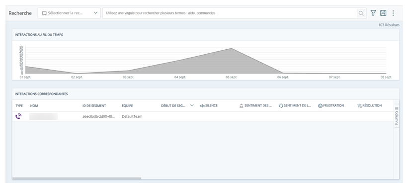 Page de recherche avec barre de recherche, graphique des interactions dans le temps, options de filtrage et tableau des interactions correspondantes