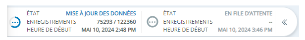 Volet affichant l’état, les numéros d’enregistrement et l’heure de début d’un retraitement en cours
