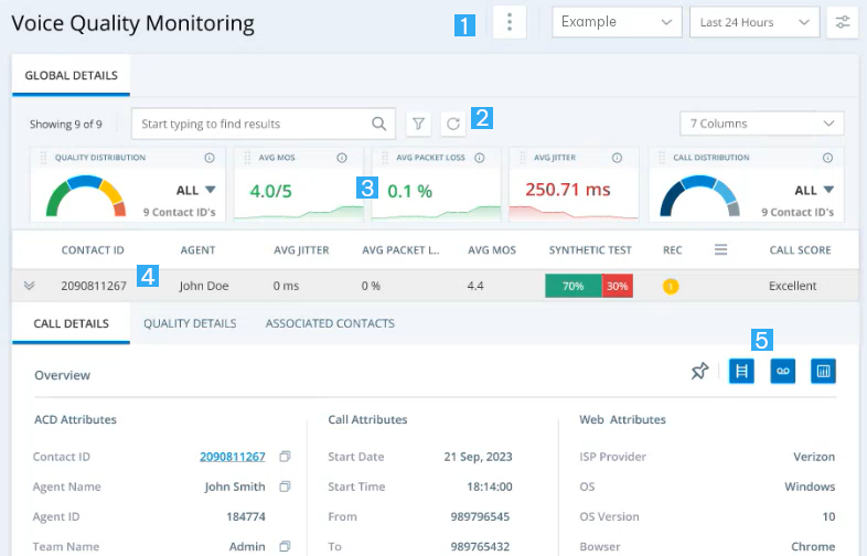 Capture d’écran présentant des éléments de l’interface du produit, comme le filtre, les détails de l’appel, etc.