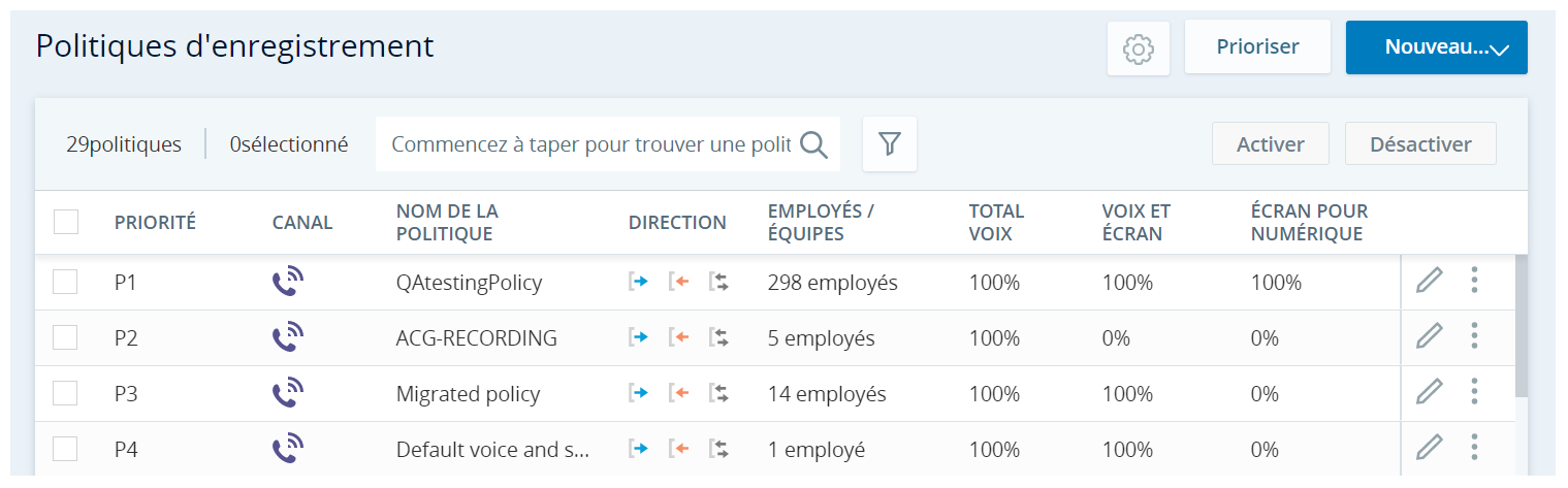 Capture d’écran des exemples de politique d’enregistrement