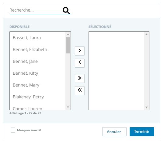 La page de filtrage des agents, dans laquelle vous pouvez sélectionner les agents sur lesquels vous souhaitez filtrer un rapport.