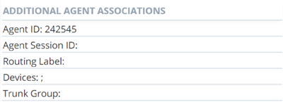 Le tableau Associations d’agents, avec les données relatives à l’ID de l’agent, l’ID de session de l’agent, l’étiquette de routage, les appareils et le groupe de lignes réseau.