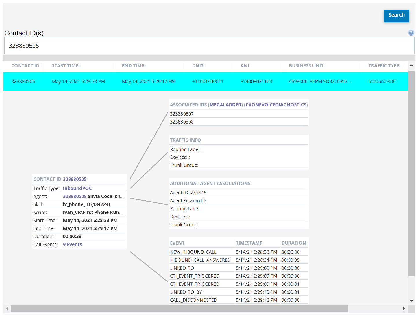 Capture d’écran montrant un tableau d’informations de base pour une interaction et les tableaux d’informations supplémentaires qui partent du tableau de base