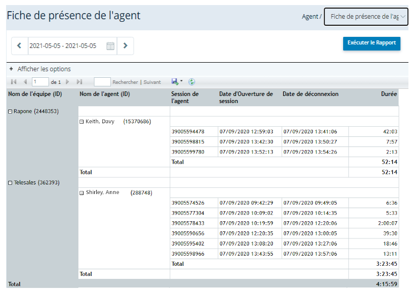 Un exemple du rapport de Fiche de présence de l’agent.