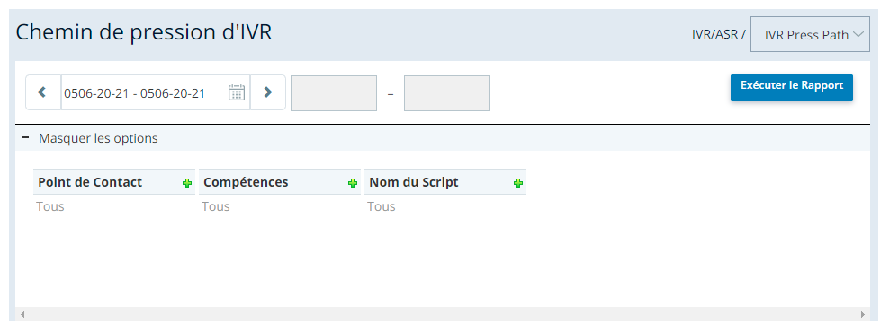 Capture d’écran du rapport de chemin de pression IVR, avec un sélecteur de période, des options permettant de sélectionner des points d’accès, des compétences et des noms de script, ainsi qu’un bouton Exécuter le rapport.