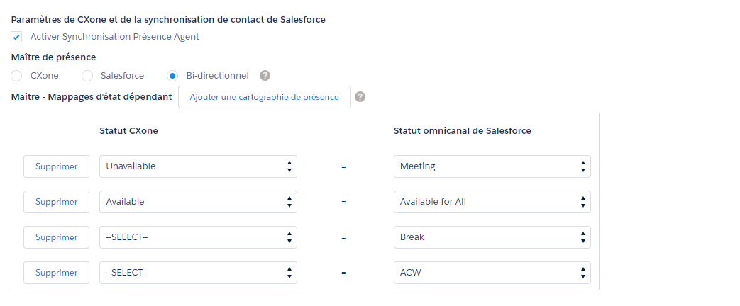 Paramètres pour Agent pour Salesforce, avec les sections suivantes : CXone Mpower et Paramètres de synchronisation de présence Salesforce, Présence maître et Mappages d'état Maître - Dépendant.