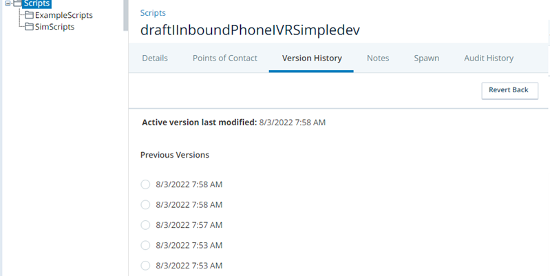 La page Scripts dans CXone, montrant l’onglet Historique des versions d’un script.