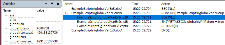 La trace du script B à l’action COMMENCER. Toutes les variables du script A sont dans le script B, mais sont globales. Celles-ci ont été automatiquement transmises au script B.