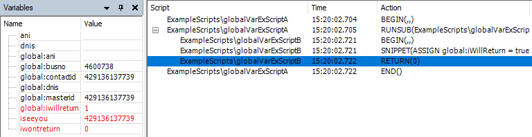 La trace du script B à l’action RETOUR. Le script a également la variable globale iwillreturn et les variables locales iseeyou et iwontreturn.