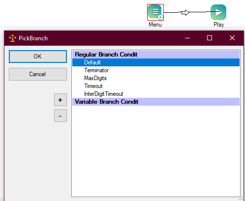 La fenêtre Choisir une branche, dans laquelle vous pouvez sélectionner la condition que le script utilise pour la connexion entre deux actions.