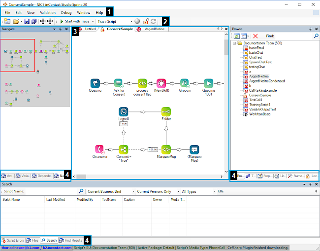 Un exemple de la Studio interface utilisateur, mettant en évidence la barre d’outils en haut, la barre de menus en dessous, le canevas au centre et les onglets sur les côtés et en bas.