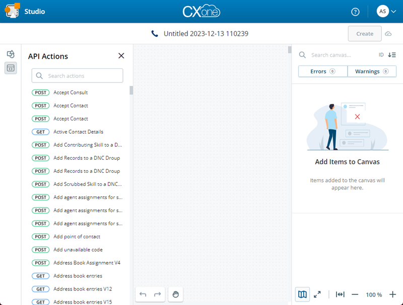 La fenêtre CXone Studio, montrant le panneau Actions API sur le côté gauche.