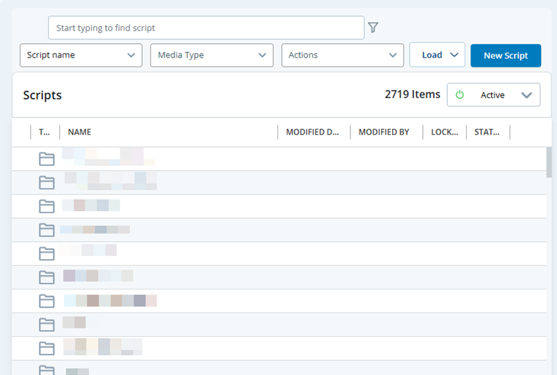 The Scripts page in Studio, showing the search filter at the top.