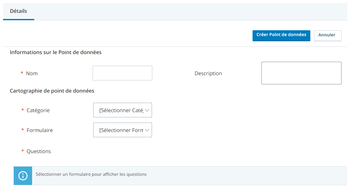 La page Point de données dans WFI. Contient des champs pour le nom, la description, la catégorie, le formulaire et les questions du point de données.