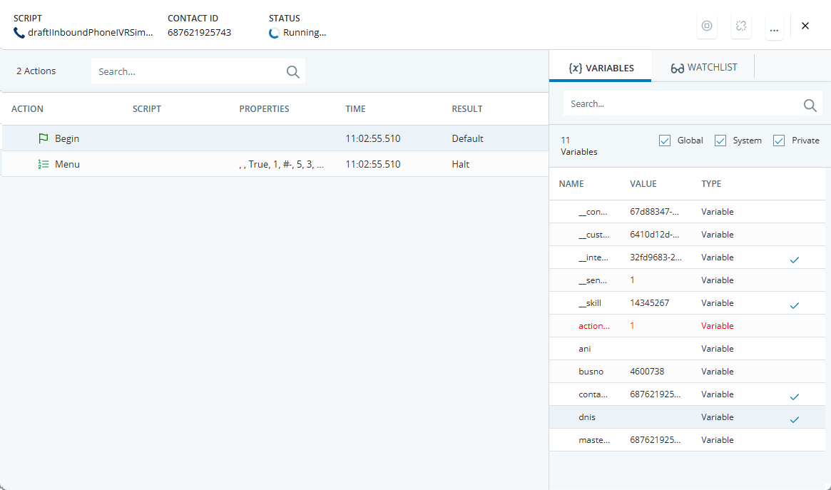 La fenêtre Sortie de trace, qui montre les actions du script et les variables système passées dans le script dans l'onglet Variables.