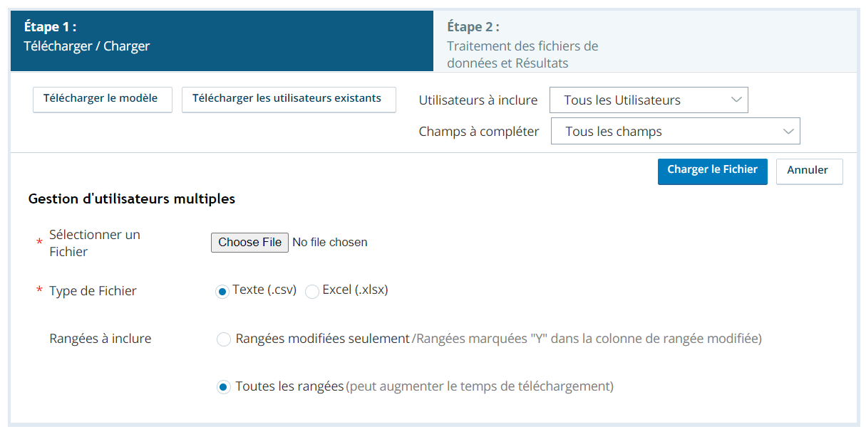 Capture d'écran de la page de téléchargement en masse de l'utilisateur central