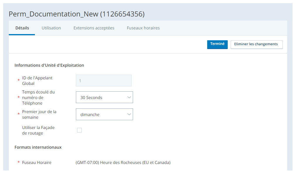 Capture d'écran des sections Informations sur l'unité d’exploitation et Formats internationaux de l'onglet Détails de l'unité d’exploitation