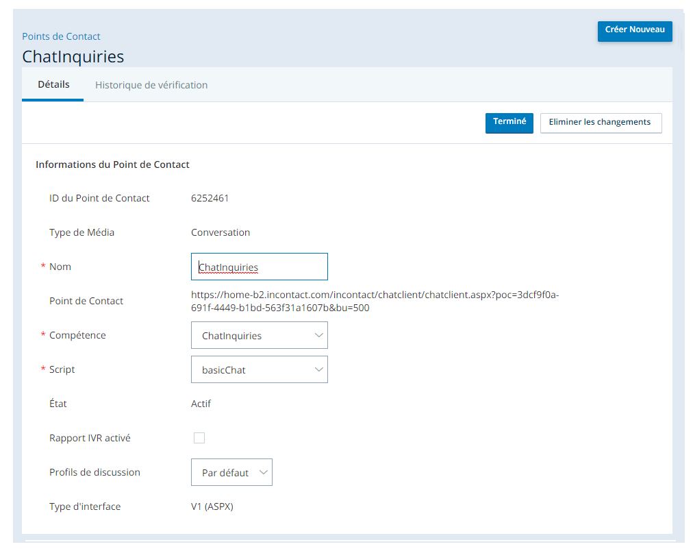 La page des propriétés du point de contact, montrant le script basicChat sélectionné dans le champ Script.