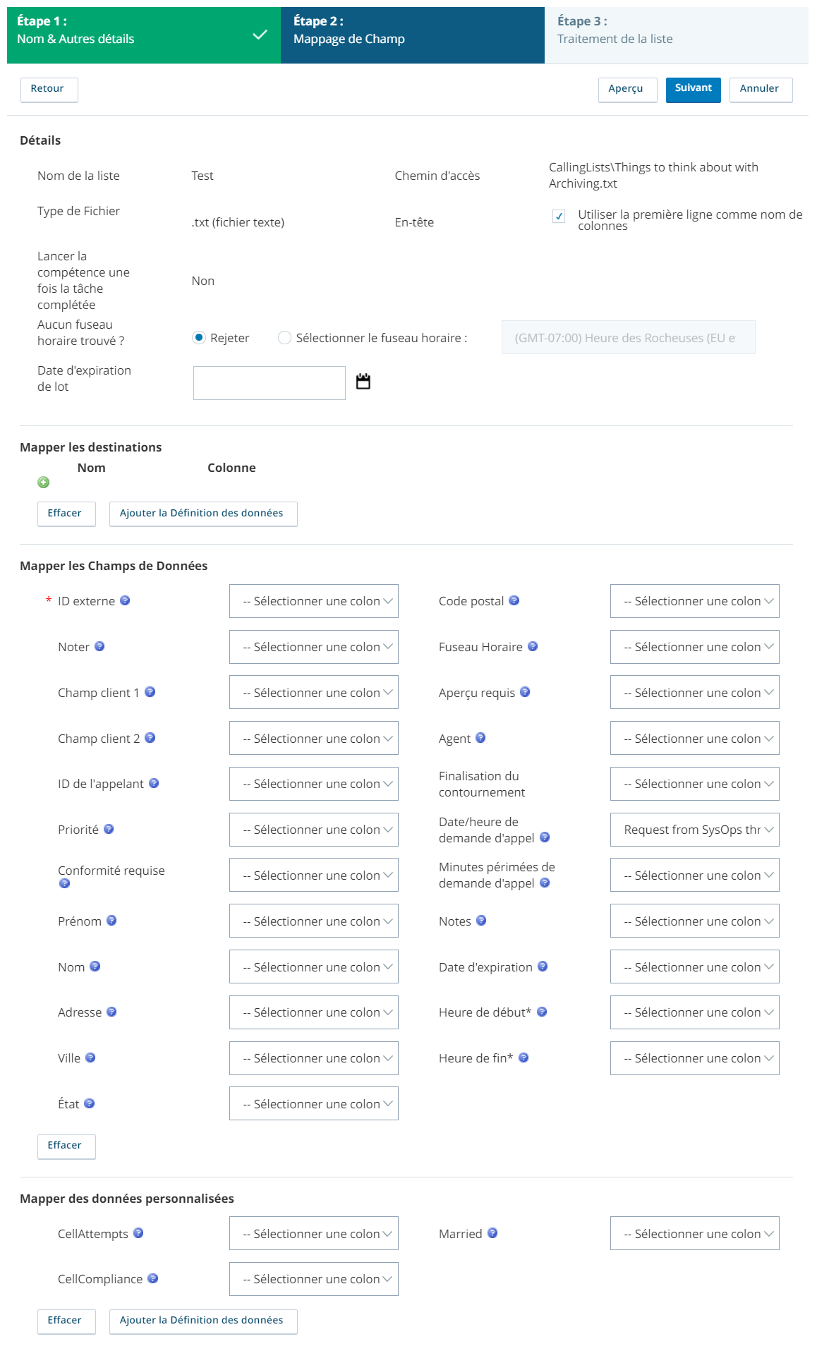 Capture d'écran du mappage des champs de téléchargement de la liste d'appels où les heures de début et de fin d'une liste d'appels sont mappées à leurs champs correspondants