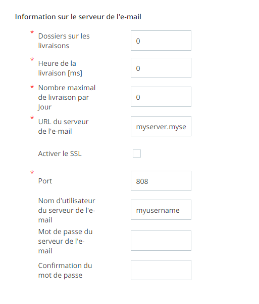 Capture d'écran de la section Paramètres du serveur de messagerie de l'onglet Détails de l'unité commerciale