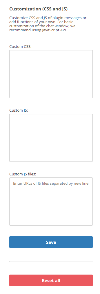 Capture d'écran des champs où vous pouvez entrer CSS et JS pour personnaliser votre widget de chat.