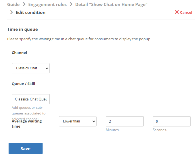 La page sur laquelle vous définissez la condition Temps en file d'attente pour un engagement de chat
