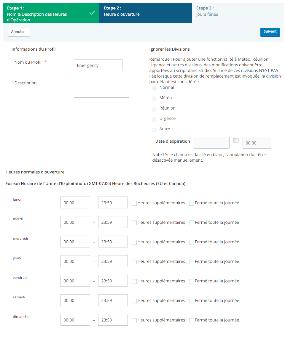 Image de l'assistant d'heures de fonctionnement dans CXone