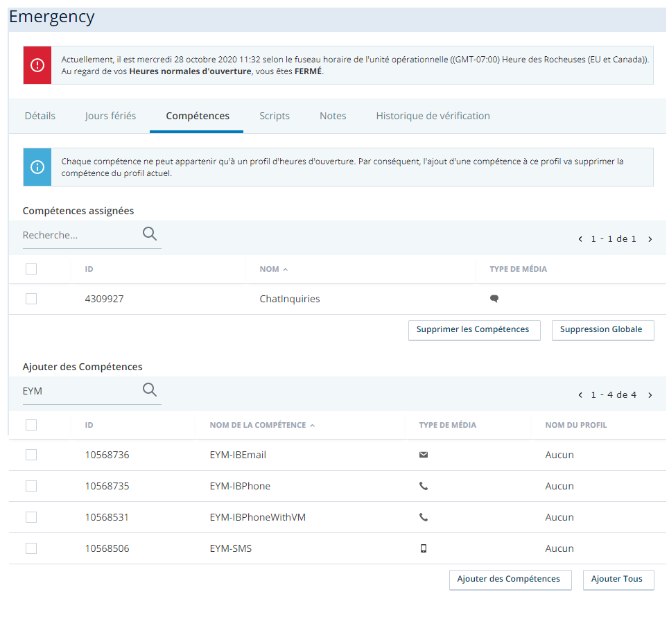 Image de l'onglet Compétences dans un profil d'heures de fonctionnement