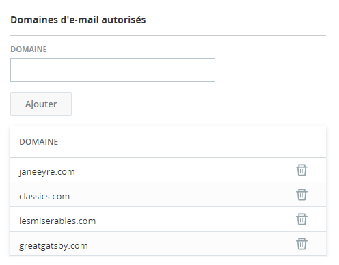 Image d’une liste de domaines d'e-mail autorisés, comprenant un champ permettant d’ajouter d’autres domaines.