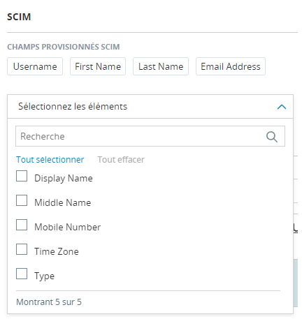 Image des champs provisionnés SCIM dans la liste déroulante de la page Gérer les paramètres du compte.