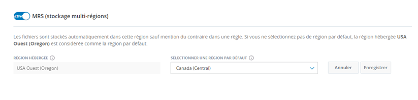 Image de la page Paramètres de stockage avec MRS (stockage multirégions) activé