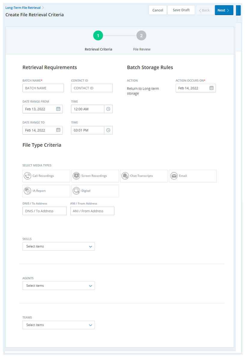 La page Créer des critères de récupération de fichier, affichant les options de filtrage d'une demande de récupération de fichier.