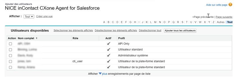 Liste des utilisateurs dans la section Gérer les licences pour NICE inContact CXone Mpower Salesforce Agent.