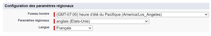 La section Paramètres régionaux de la page Utilisateurs de Salesforce.