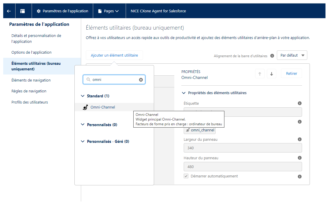 La page Éléments utilitaires dans Lightning App Builder. Le bouton Ajouter un élément utilitaire a été cliqué et la zone de recherche contient le mot « Omni ».