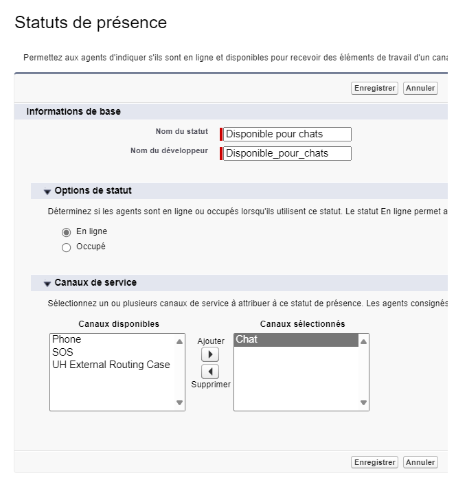 Le formulaire Statuts de présence, avec des champs pour le nom du statut, le nom du développeur, ainsi que des sections pour les options du statut et les canaux de service.